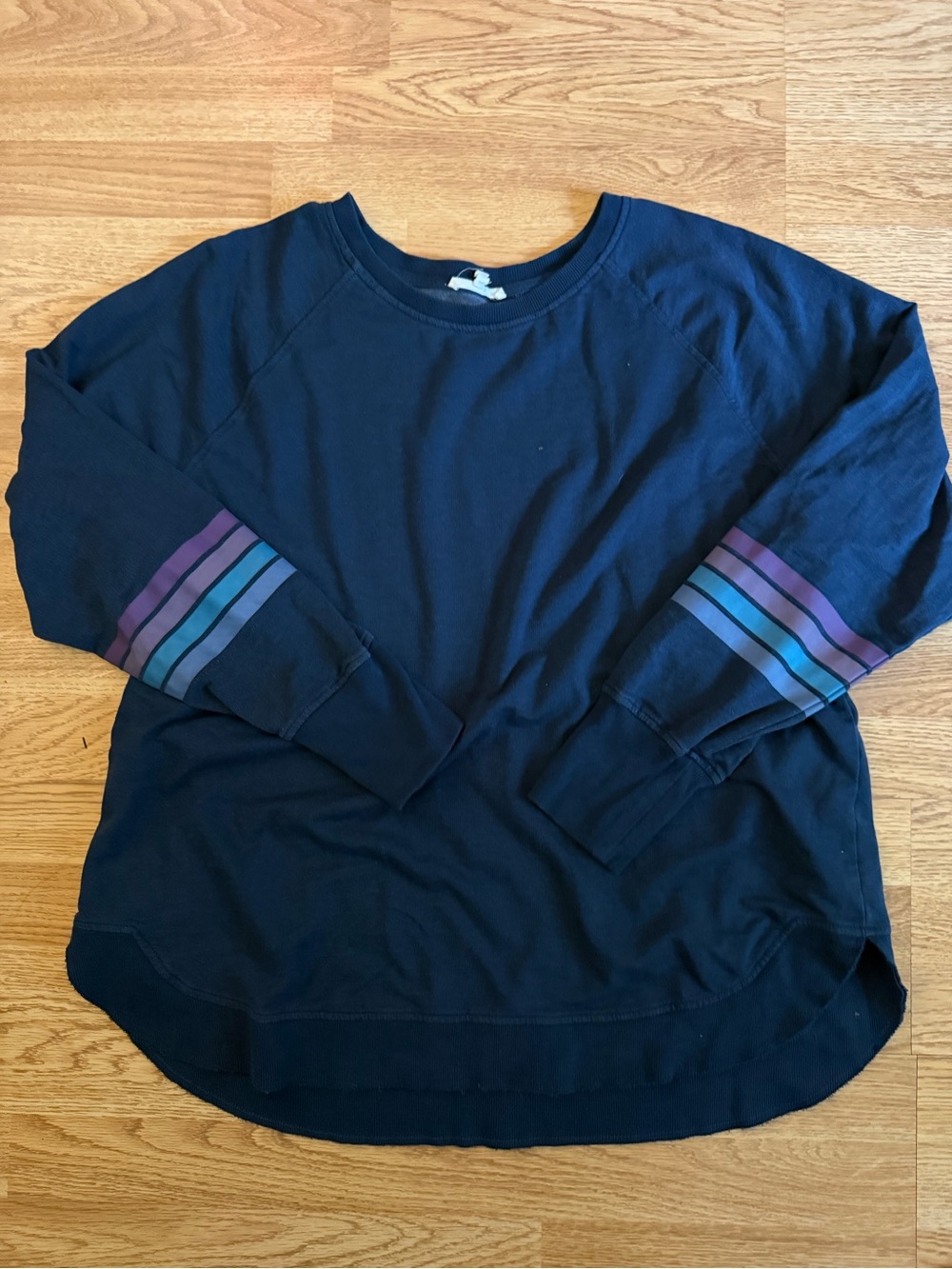 Maurices Navy Crewneck with Purple and Teal Sleeve Stripes